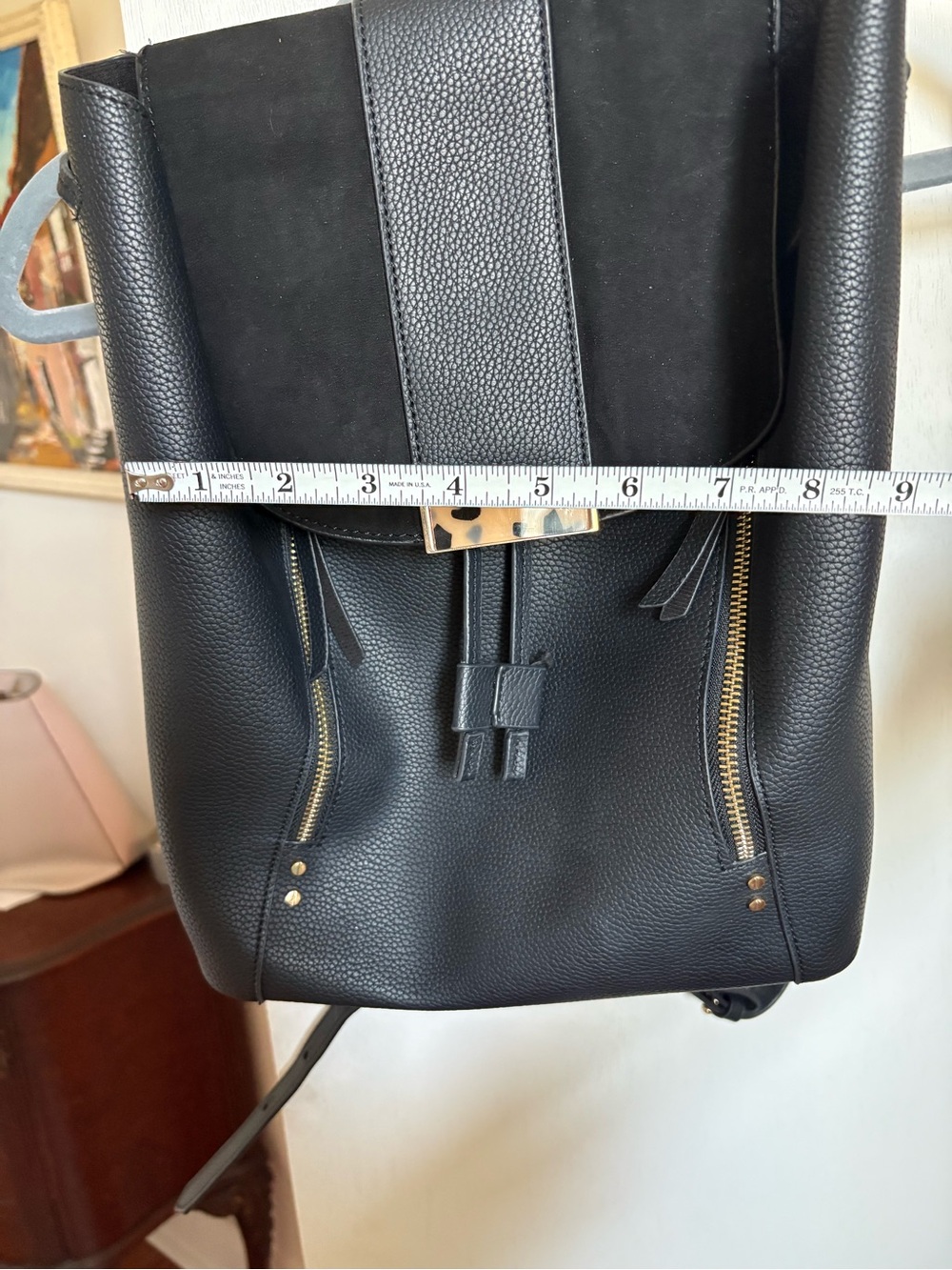 Topshop Black Pebbled Leather & Suede Flap Backpack with Gold Hardware - Picture 9 of 11